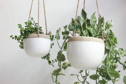 Boho Ceramic Hanging Planter in White and Beige