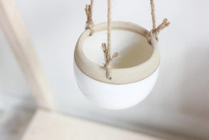 Boho Ceramic Hanging Planter in White and Beige